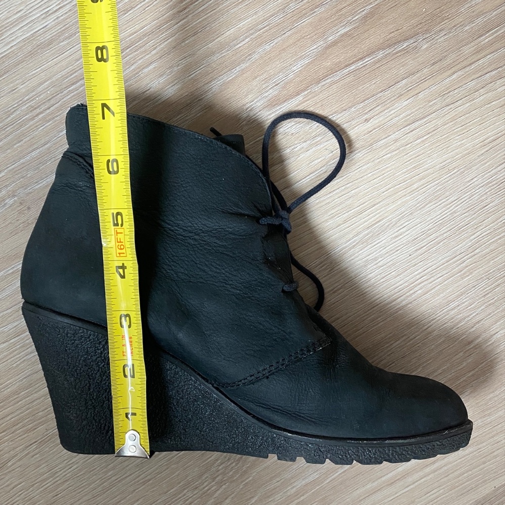 Suede lace-up oxford-style wedge heel booties with tread, Size 9 / EU 40